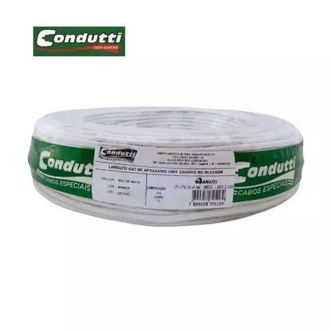 Cabo de rede CAT5E branco da marca Condutti, 100 metros, 4 pares, 100% cobre.