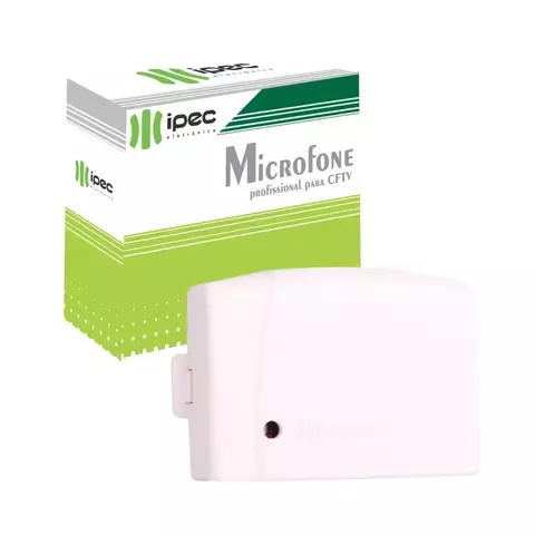 Microfone Ipec profissional branco para CFTV com embalagem verde e branca ao fundo
