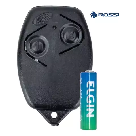 Controle remoto preto para portão eletrônico Rossi com frequência 433MHz ao lado de uma bateria Elgin