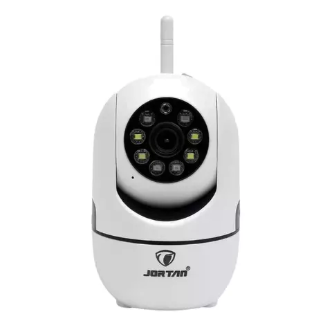 Câmera wifi interna branca para babá eletrônica com microfone e lente central cerca de 8 LEDs infravermelhos ao redor