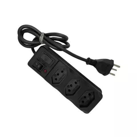Filtro de linha preto com 3 tomadas, fusível de proteção e cabo de 85 cm enrolado