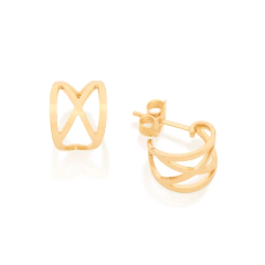 Brinco meia argola folheado a ouro com detalhes geométricos - 526476