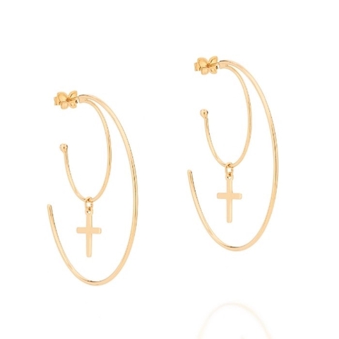 Brinco meia argola dupla rommanel folheado a ouro com cruz - 526482