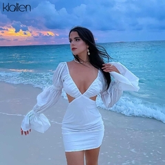 Klaliens vestido branco feminino de manga longa, elegante vestido para escritório, para férias, de outono
