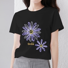 Camiseta de verão feminina, camiseta estilo harajuku estampa de margaridas, série feminina, manga curta, camisetas estampas pretas de alta qualidade, camisetas femininas - Lojas Stefano