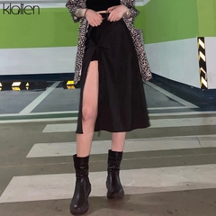 Klalien saia midi preta de cintura alta, saia de verão feminina casual dividida bainha assimétrica, saia longa para mulheres 2021 - comprar online