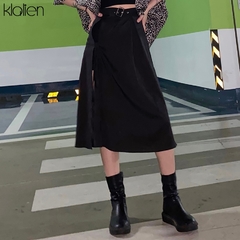 Klalien saia midi preta de cintura alta, saia de verão feminina casual dividida bainha assimétrica, saia longa para mulheres 2021 - comprar online