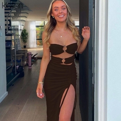 Klalien vestidos longos sem alça com fenda, sexy, de verão, feminino, slim, moda praia, férias, festa, clube, vestidos brancos sólidos