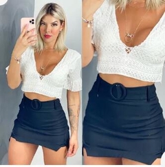 short saia feminino de bengaline com cinto detalhe abertura na coxa moda influencer