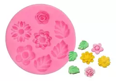 Molde silicona rosa flores y hojas x7