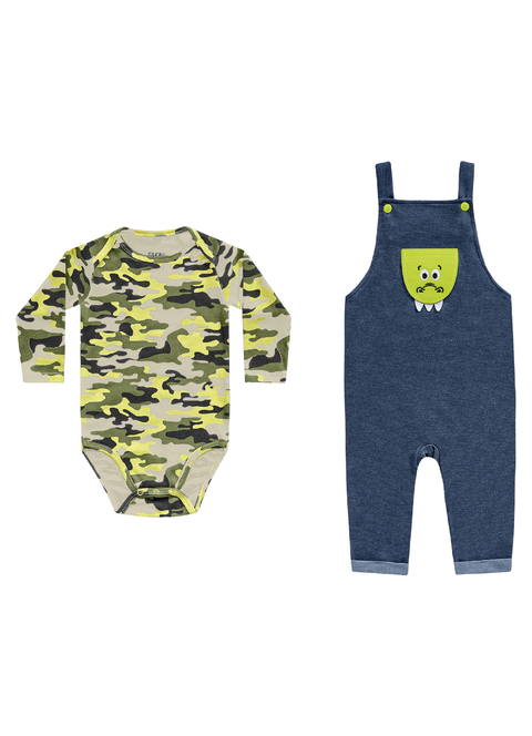 Jardineira com body manga longa - Mescla Verde