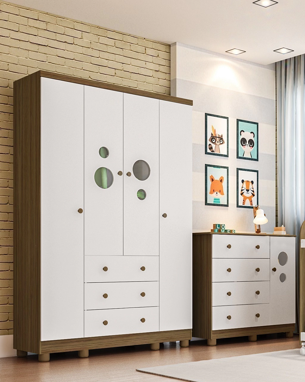 KIt Guarda Roupas 4 Portas e Cômoda Moveis Peroba Bolinha MDF Amadeirado