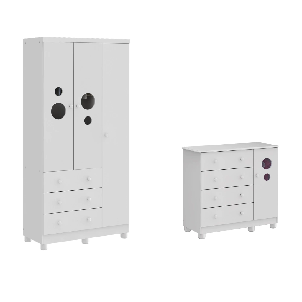Kit Guarda Roupas 3 Portas e Cômoda Moveis Peroba Bolinha MDF Branco