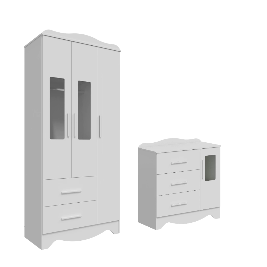 Kit Guarda Roupas 3 Portas e Cômoda Moveis Peroba Clara MDF Branco