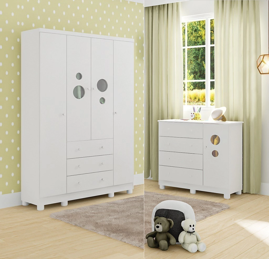 Kit Guarda Roupas 4 Portas e Cômoda Moveis Peroba Bolinha MDF Branco