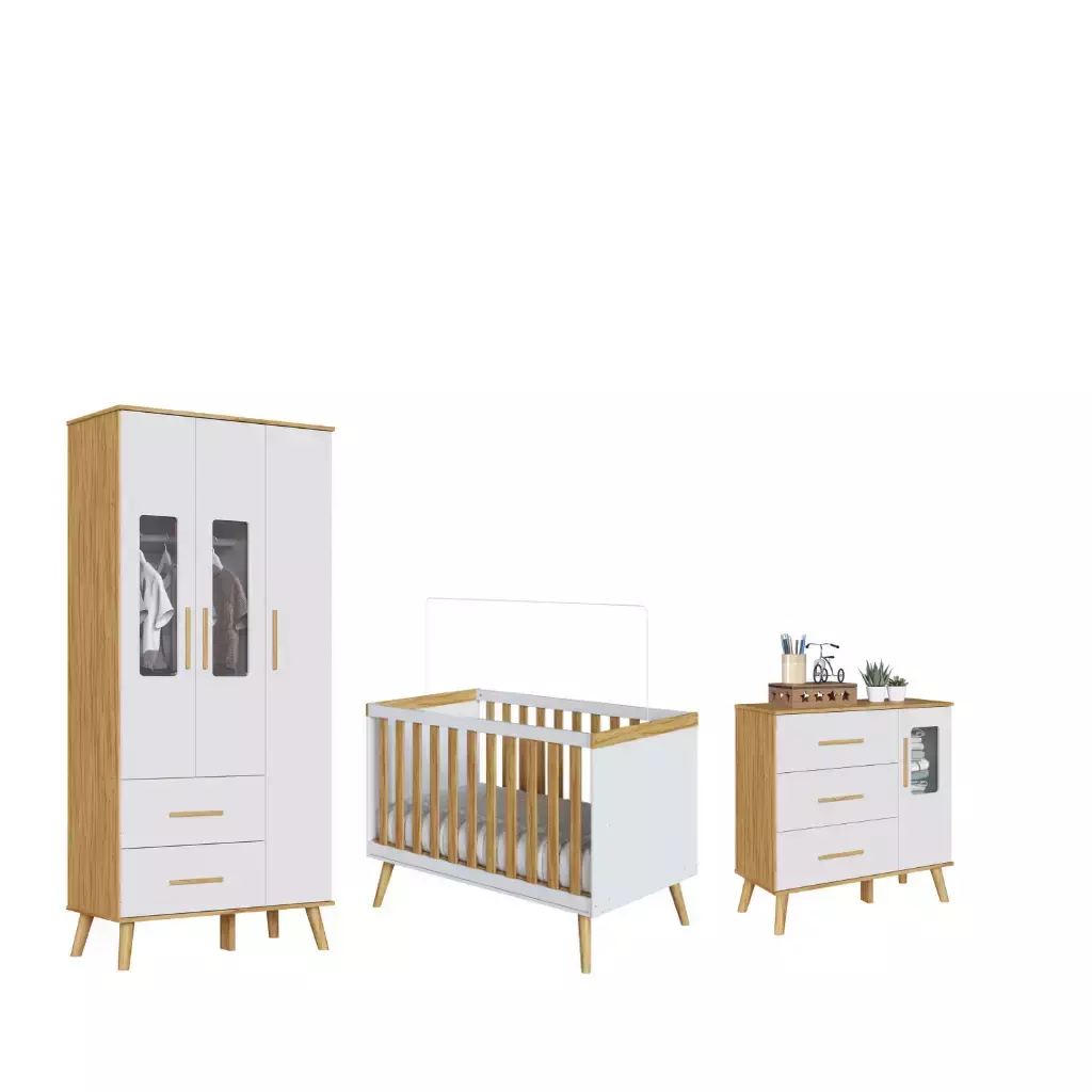 Quarto Completo Bebe Moveis Peroba Sky Retro Berço 3x1 MDF