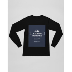 Camiseta cristã de Manga Longa - a Fé move Montanhas - estampa azul - comprar online