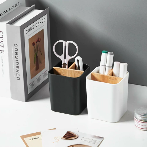 ORGANIZADOR PLASTICO Y BAMBOO 4 DIVISIONES BLANCO