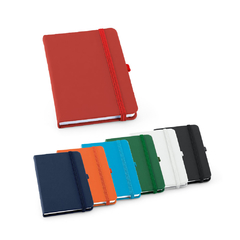 Caderno A6 tipo moleskine com suporte caneta e em capa dura em couro sintético personalizada