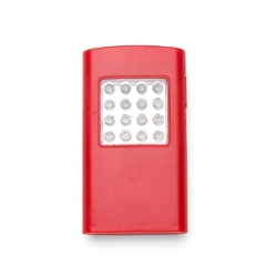 Imagem do Lanterna plástica personalizada de led com imã na parte traseira e suporte metal para gancho.