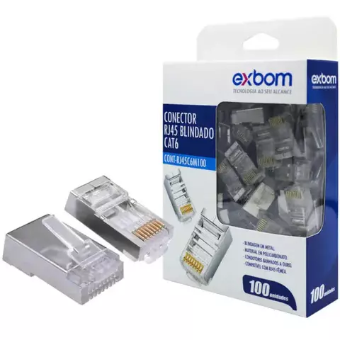 Conector Blindado RJ45 Cat6 Exbom CONT-RJ45C6M100 Gigabit (100 Unidades)