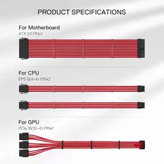 Kit Cabo Extensor Fonte Sleeved Redragon, 4 em 1, 24p ATX, 2x 4+4p CPU, 3x 8p PCIe para 12VHPWR, Vermelho - RD-GCP07 - WZetta: Pcs, Eletrônicos, Áudio, Vídeo e mais