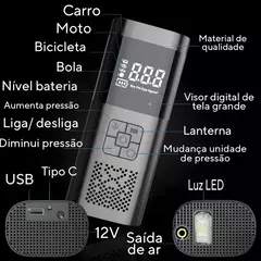 Imagem do Calibrador Compressor de Ar Digital B-Tek BT-AX104 3 em 1 Função Power Bank e Lanterna OBS: Usar até 5 Minutos