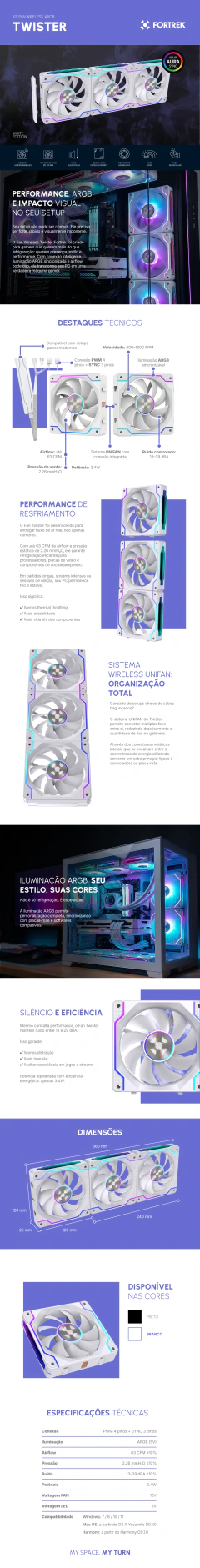 Kit 3 Cooler Fan Fortrek Twister Unifan Branco 120mm ARGB