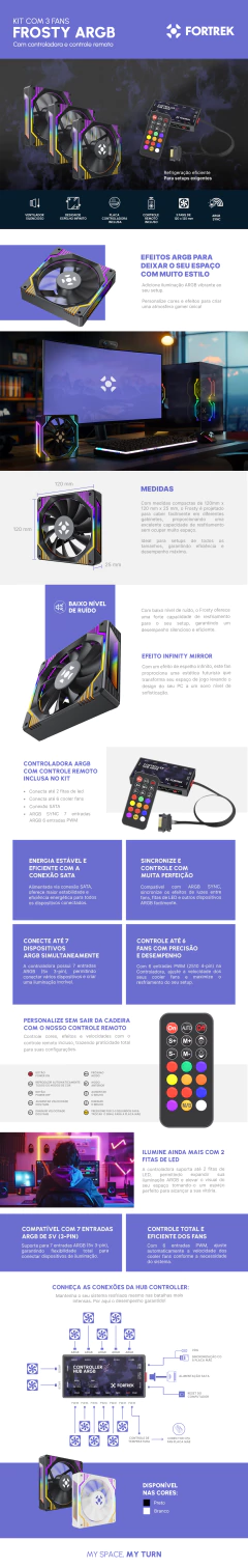 Kit 3 Cooler Fan 120mm Fortrek Frosty White com Controladora/Controle na internet