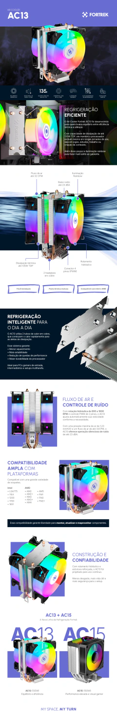 Air Cooler Fortrek AC13, Led RGB, Intel LGA1851 e AMD AM5 HeatPipe: 2 (6mm) TPD: 135W - WZetta: Pcs, Eletrônicos, Áudio, Vídeo e mais