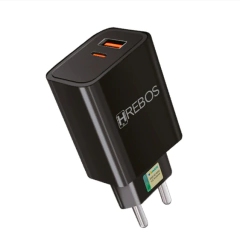 Carregador de Parede Hrebos HS-154 20W Preto Bivolt (2 USB) (1 USB-C)(1 USB) 3.0 Fast Charge