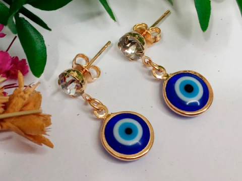 Brinco Dourado Olho Grego Azul Escuro