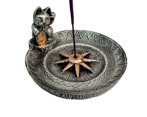 Incensário Pratinho Gato da Sorte Maneki Neko – Prata - Resina