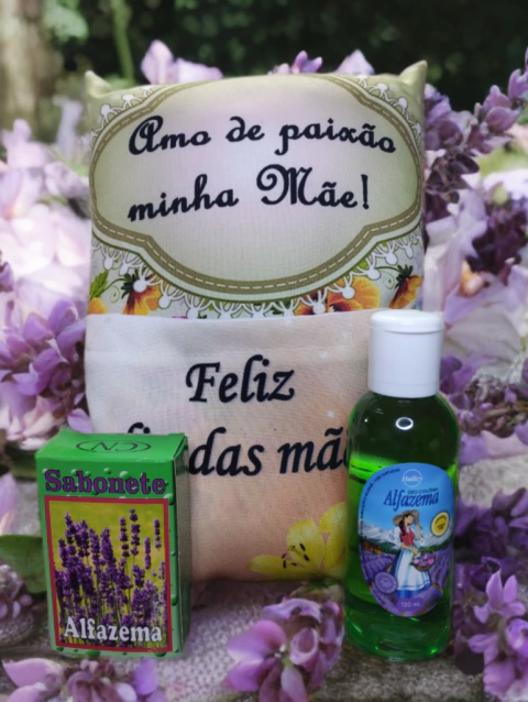 Kit Dia das Mães Almofada com Bolso + Kit Alfazema Tradicinal e Original Deo Colônia Halley 120ml e Sabonete em Barra CN