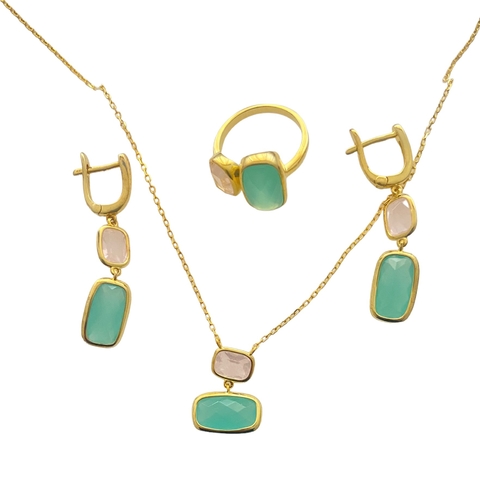 Jgo Aretes,Gargantilla,Anillo,Circonias Rosa verde