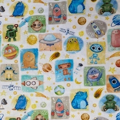 Tecido Tricoline Digital Planetas Quadros 100% Algodão