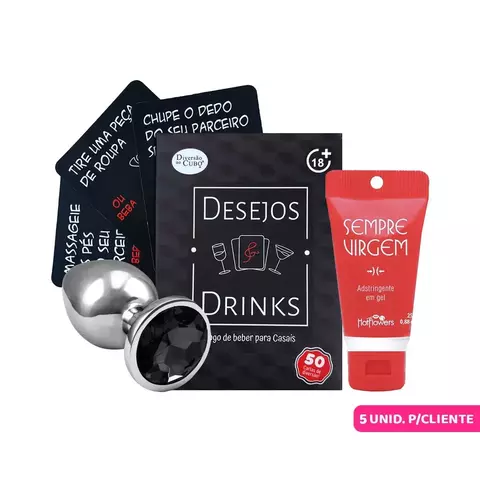 Kit com Sempre Virgem Plug Anal de Aço P e Desejos e Drinks Jogo de Cartas