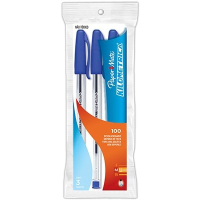 Caneta esferográfica 1.0mm kilométrica 100 azul 300071 Paper Mate BT 3 UN