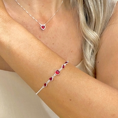 Pulseira Coração Zircônias Rubi Prata 925
