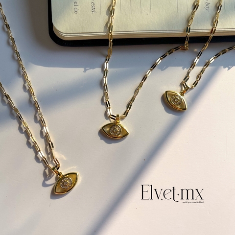 Collar ojo con piedra central y collar diamantado chapa de oro 18 k