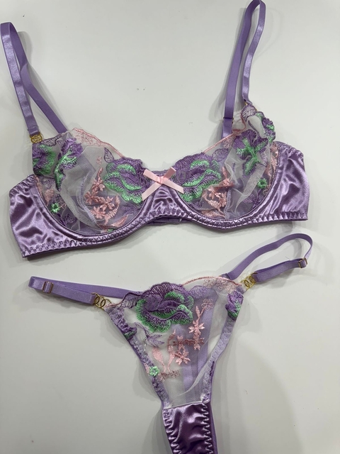 Bra y tanga lila con encaje de flores rosa y verde - comprar en línea