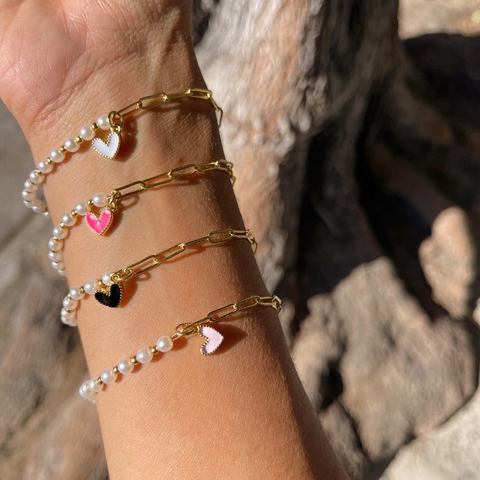 Pulsera eslabones y perla con corazón