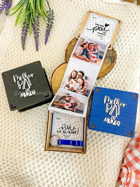 Caixa Lembrança - Dia dos Pais: Caixa em madeira com fotos e chaveiro personalizado
