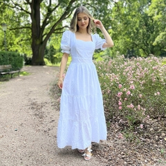 Vestido Longo Bordado em Lese com Manga - Anna