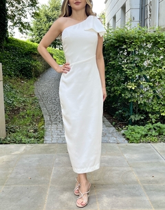 Vestido Justo Midi Off-White com Laço - Valentina