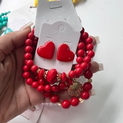 5 KITS - 1 mix pulseiras + 1 brinco coração - Império Pink