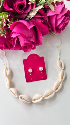 Kit 1 choker buzios cor natural + 1 brinco pérola feminino - comprar online
