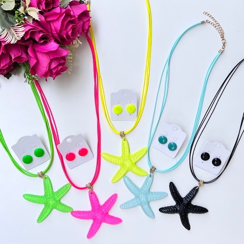 5 KITS - 1 colar estrela do mar + 1 brinco 1cm