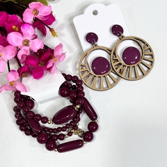 Kit 1 mix pulseiras miçangas + 1 brinco MDF - Império Pink