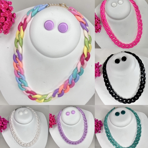 Kit 1 colar Elo corrente e 1 brinco botão resina 1cm